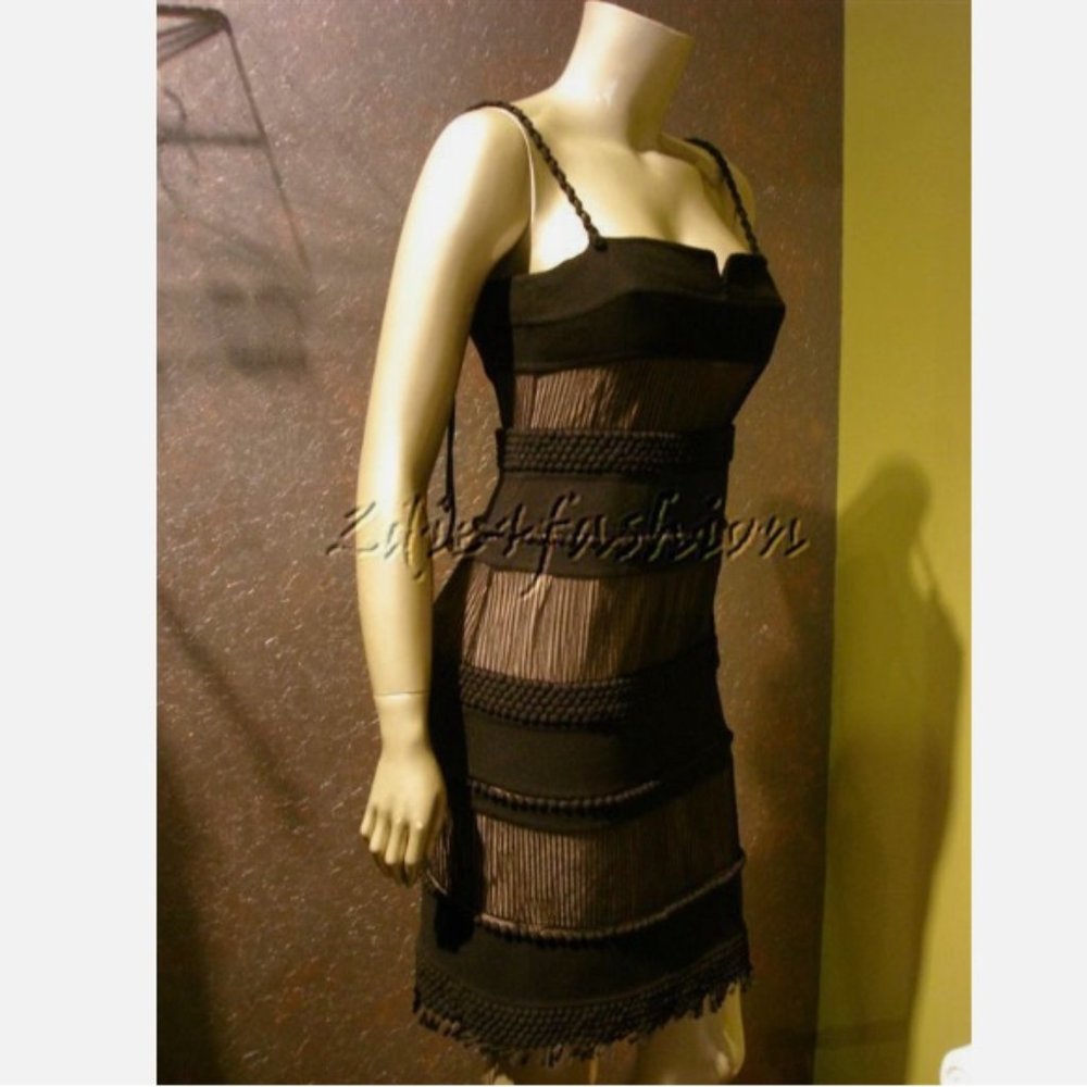 $14200 New CHADO RALPH RUCCI Black Sheer Band Textured Wool Silk Lined Dress 4